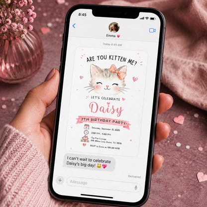 Are You Kitten Me Pink 7th Birthday Invitation in cream