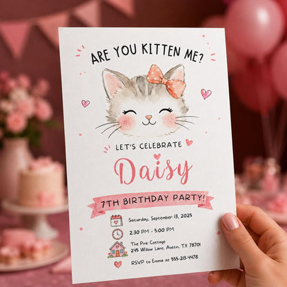 Are You Kitten Me Pink 7th Birthday Invitation — bow and cat design