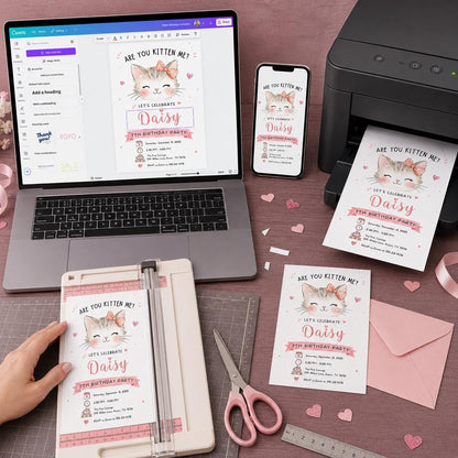Are You Kitten Me Pink 7th Birthday Invitation — invitation you personalize in Canva