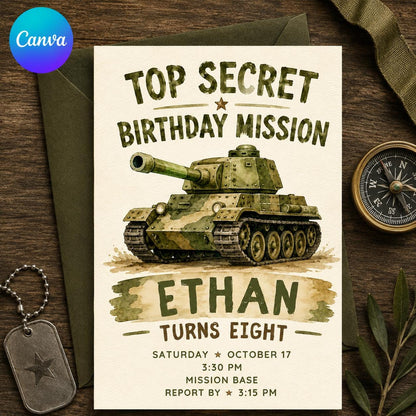 Army 8th Birthday Invitation for Boys — editable Canva template