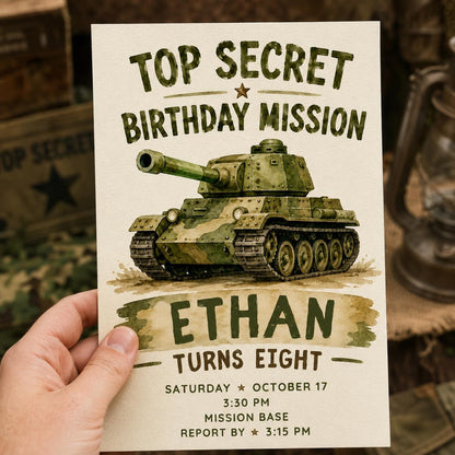 Army 8th Birthday Invitation for Boys — print-ready 8th birthday party design from VoltBy