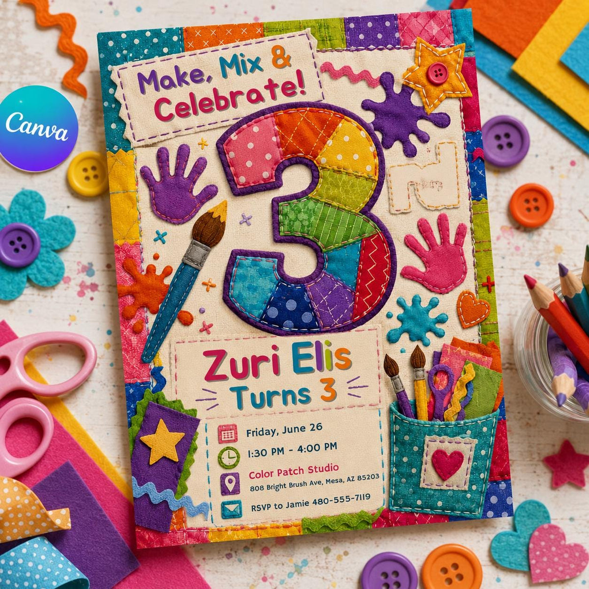 Art 3rd Birthday Invitation — editable Canva template