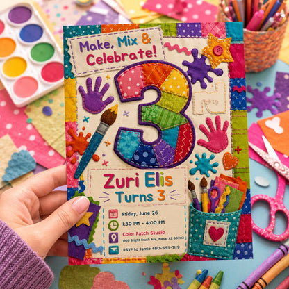 Art 3rd Birthday Invitation — print-ready 3rd birthday party design from VoltBy