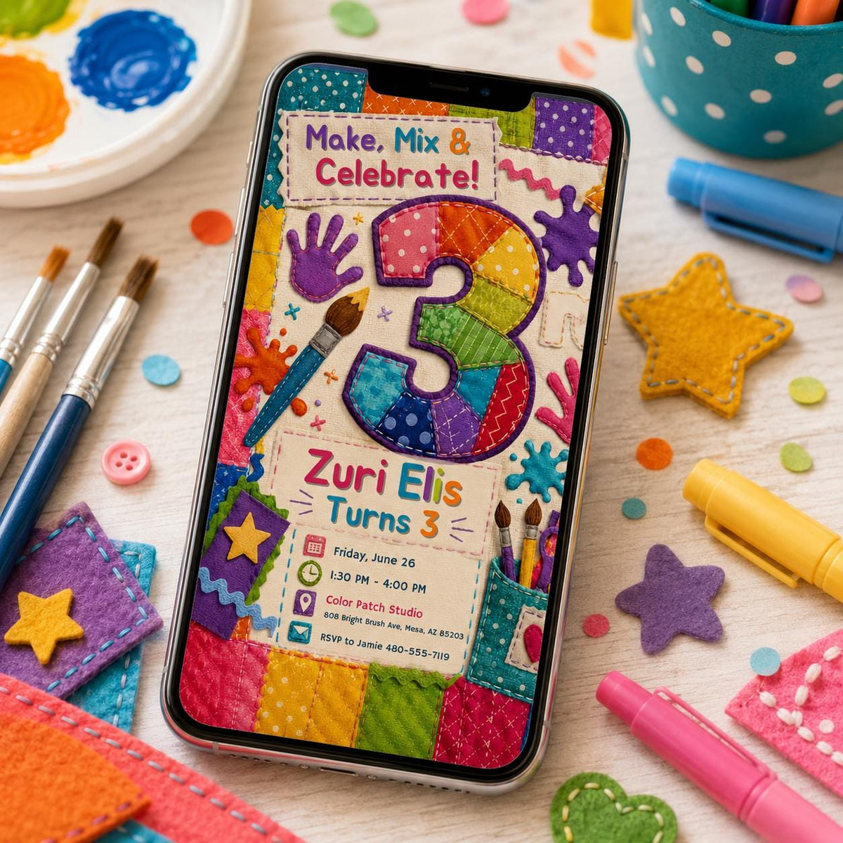 Art 3rd Birthday Invitation — digital invitation, instant download
