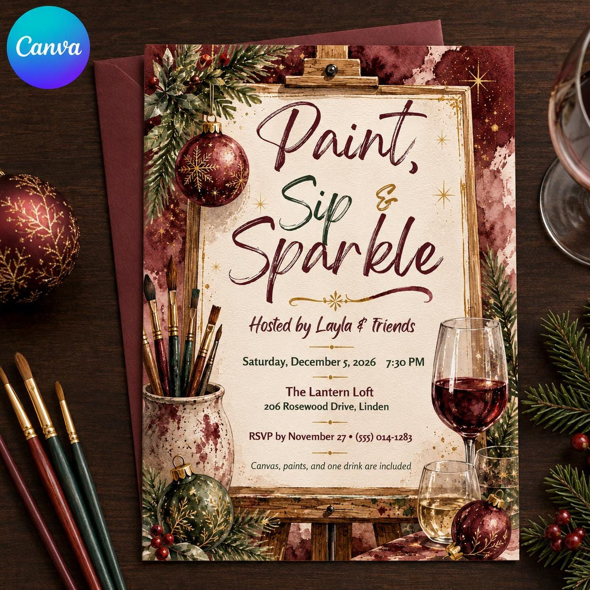Art Christmas Paint and Sip Invitation — editable Canva template