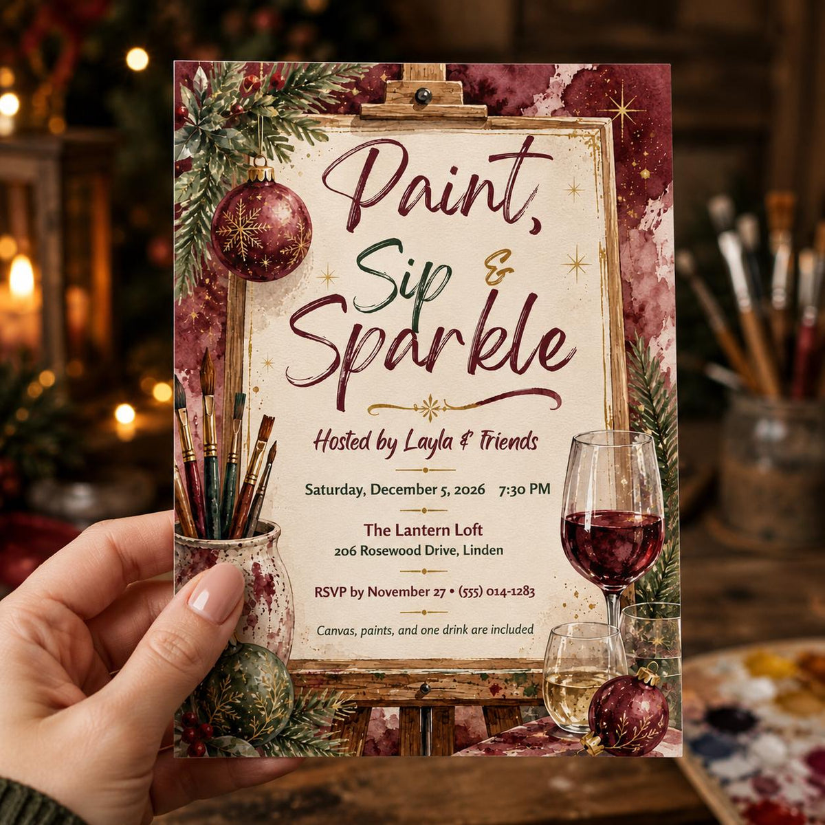 Art Christmas Paint and Sip Invitation — print-ready Christmas celebration design from VoltBy