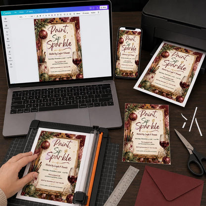 Art Christmas Paint and Sip Invitation — digital invitation, instant download