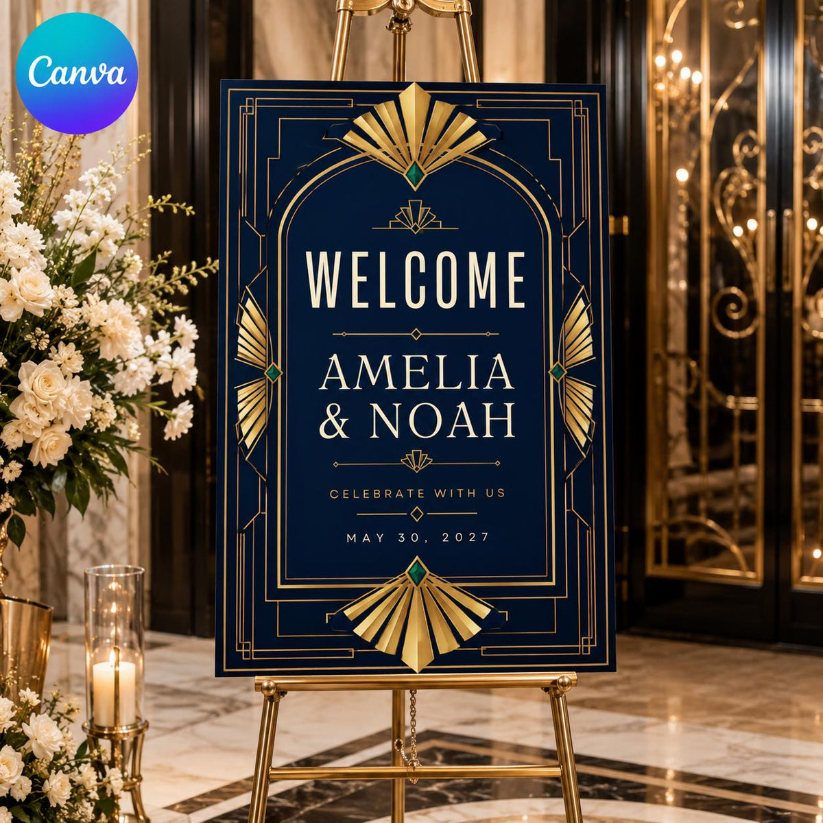 Navy and Gold Art Deco Fan Wedding Welcome Sign — editable Canva template