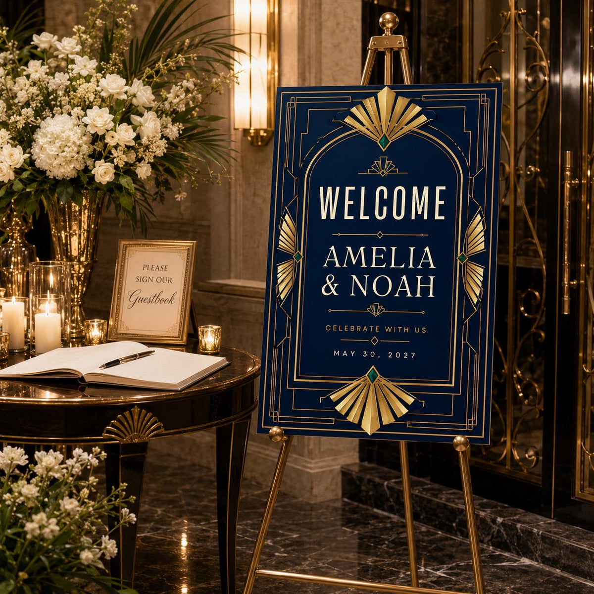 Navy and Gold Art Deco Fan Wedding Welcome Sign — welcome sign you personalize in Canva