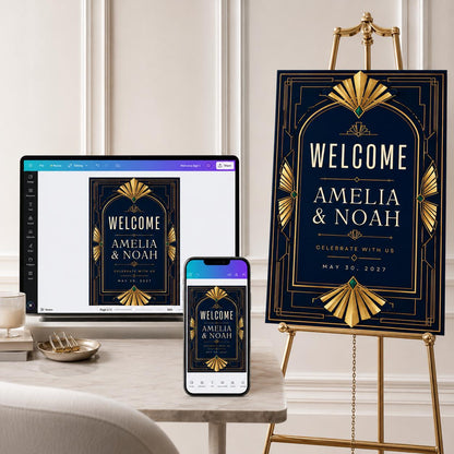 Navy and Gold Art Deco Fan Wedding Welcome Sign — print-ready wedding design from VoltBy