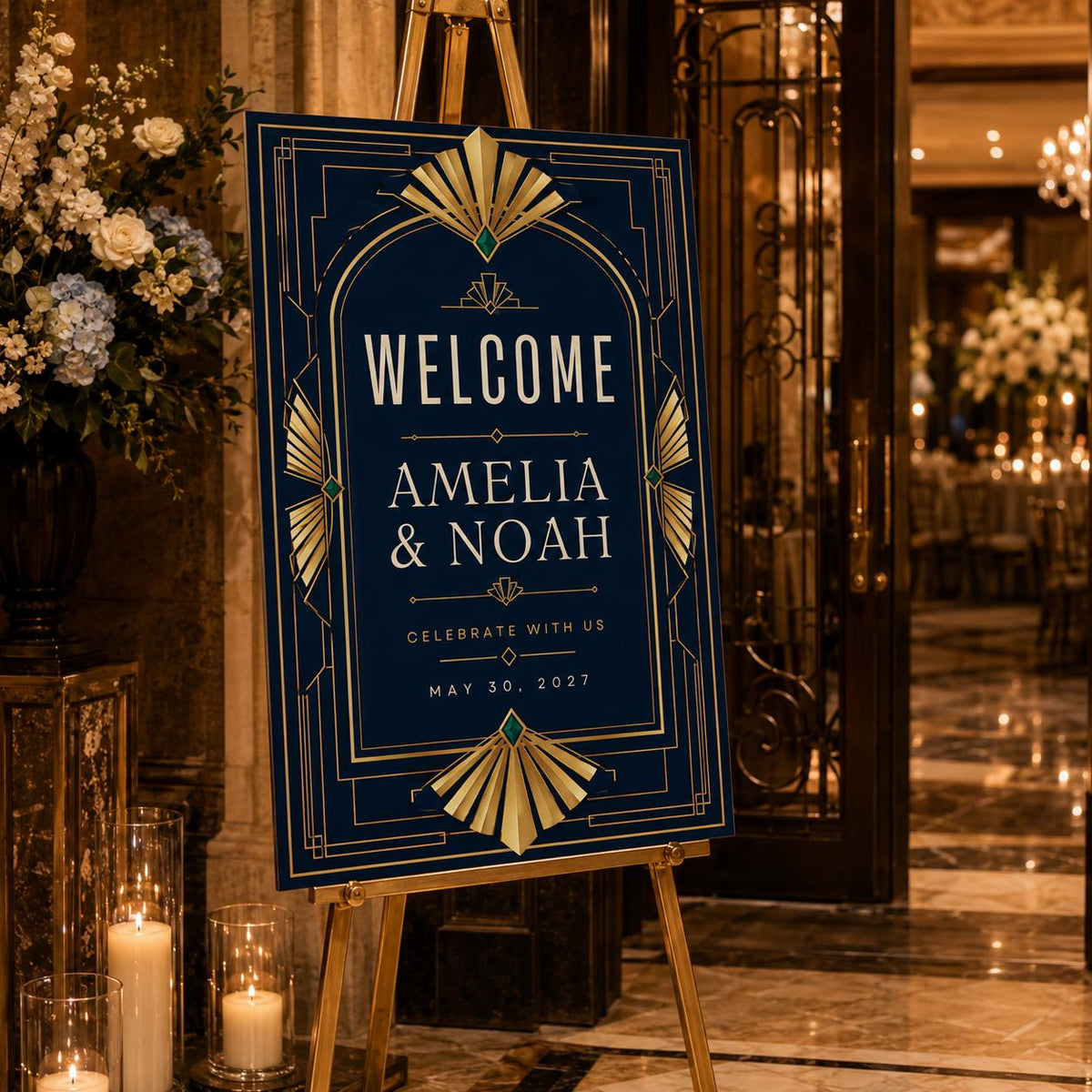 Navy and Gold Art Deco Fan Wedding Welcome Sign — digital welcome sign, instant download