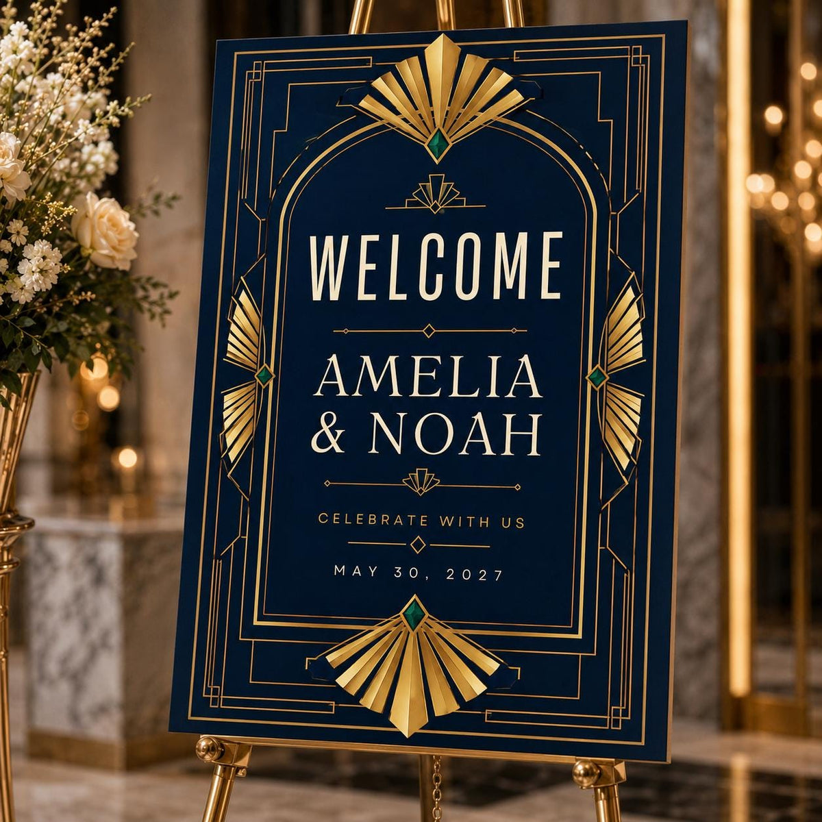 Navy and Gold Art Deco Fan Wedding Welcome Sign — wedding stationery by VoltBy