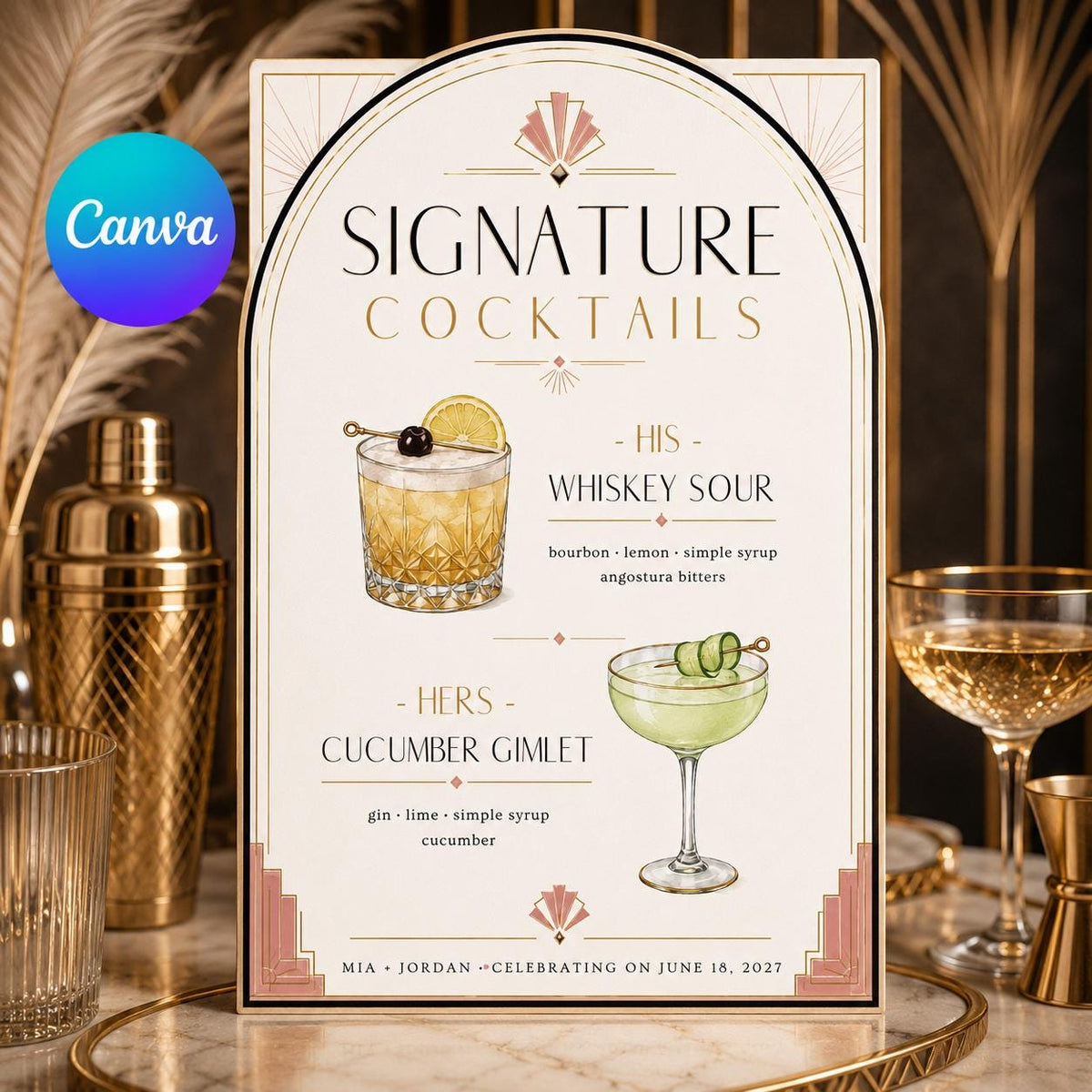 Art Deco Signature Cocktail Wedding Menu — editable Canva template