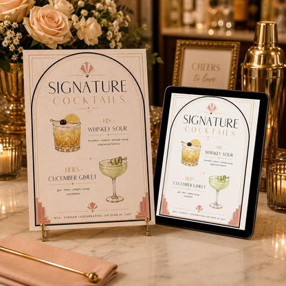 Art Deco Signature Cocktail Wedding Menu in black and cream