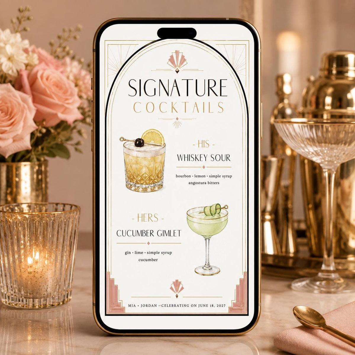 Art Deco Signature Cocktail Wedding Menu — menu design you personalize in Canva