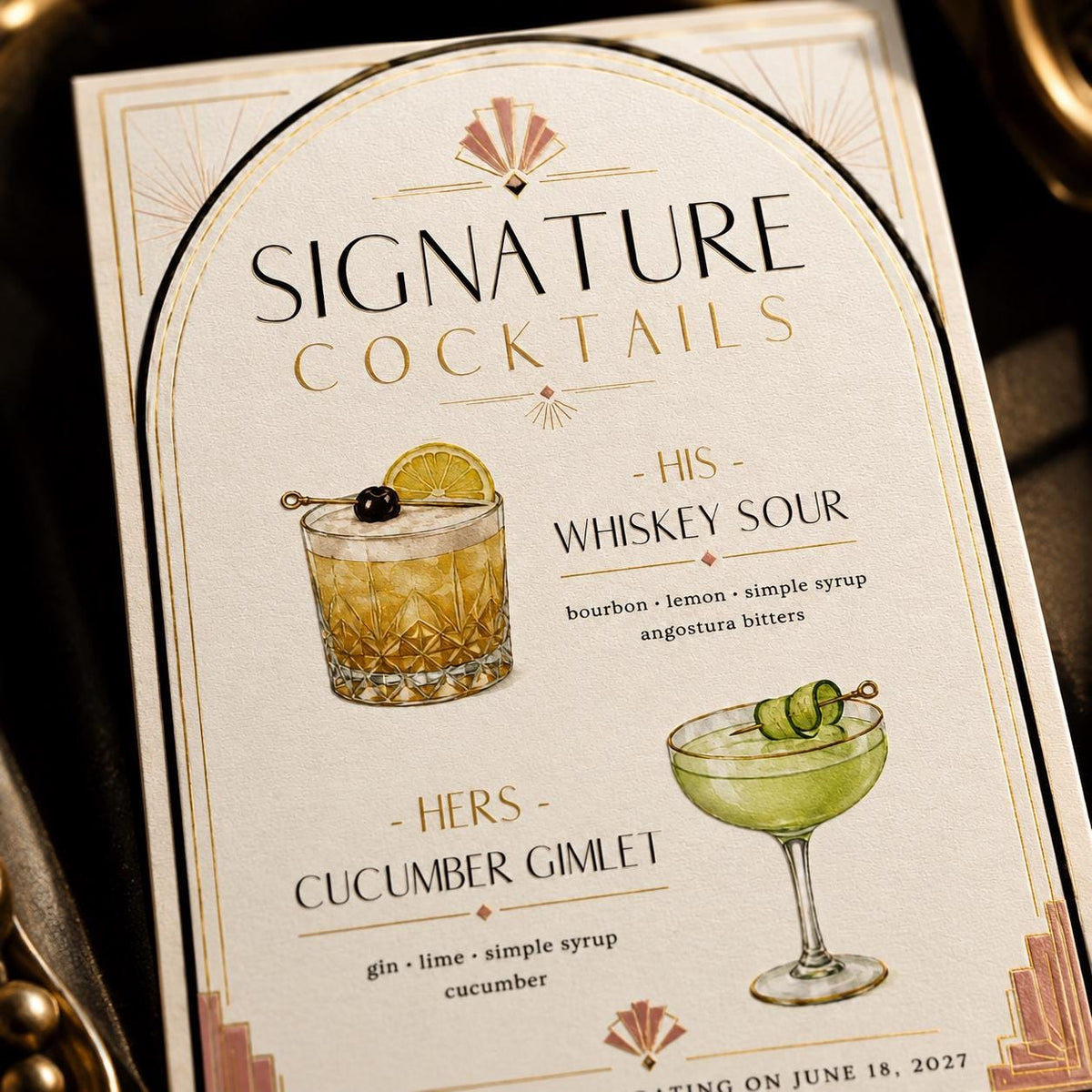 Art Deco Signature Cocktail Wedding Menu — print-ready wedding design from VoltBy
