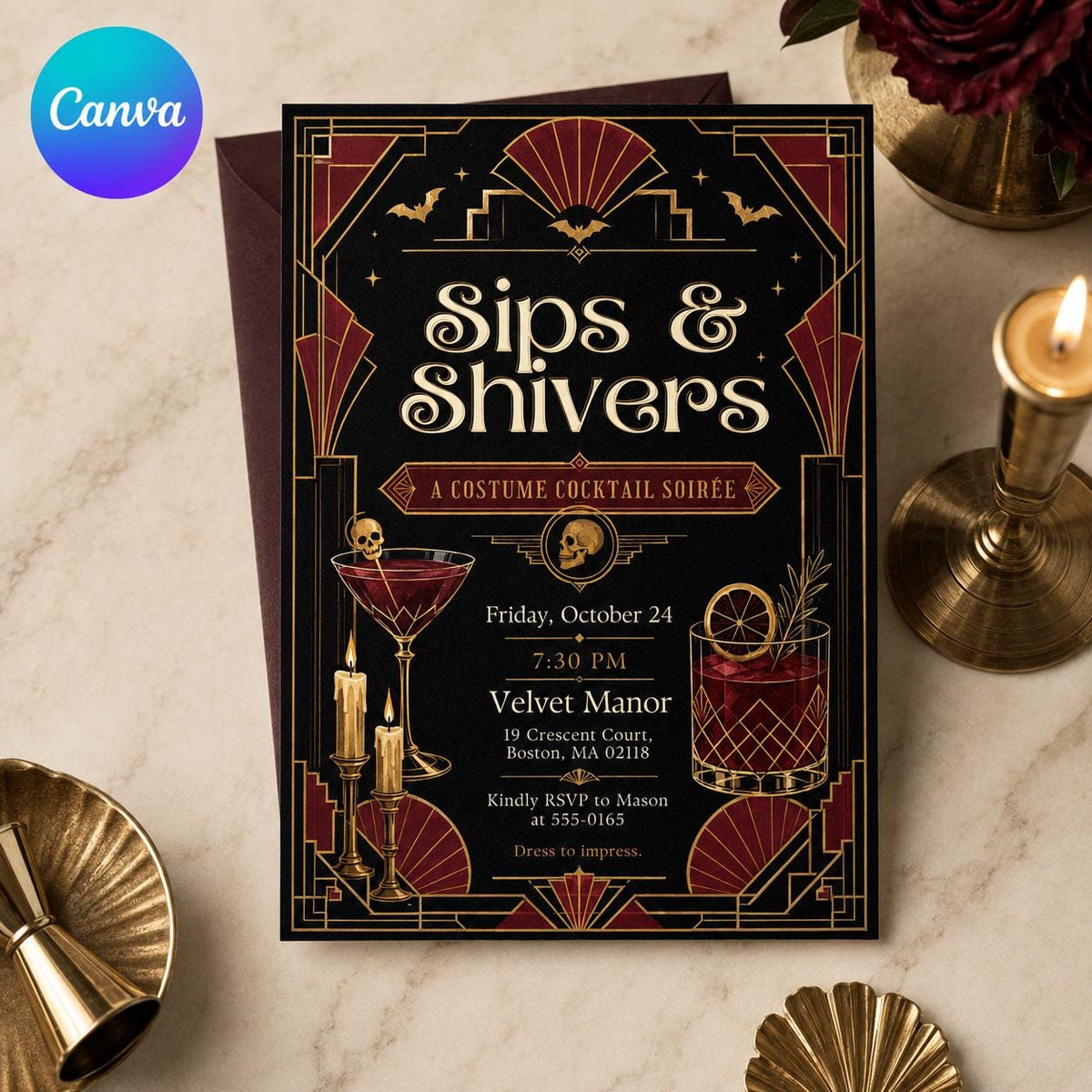 Art Deco Vintage Halloween Cocktail Party Invitation — editable Canva template