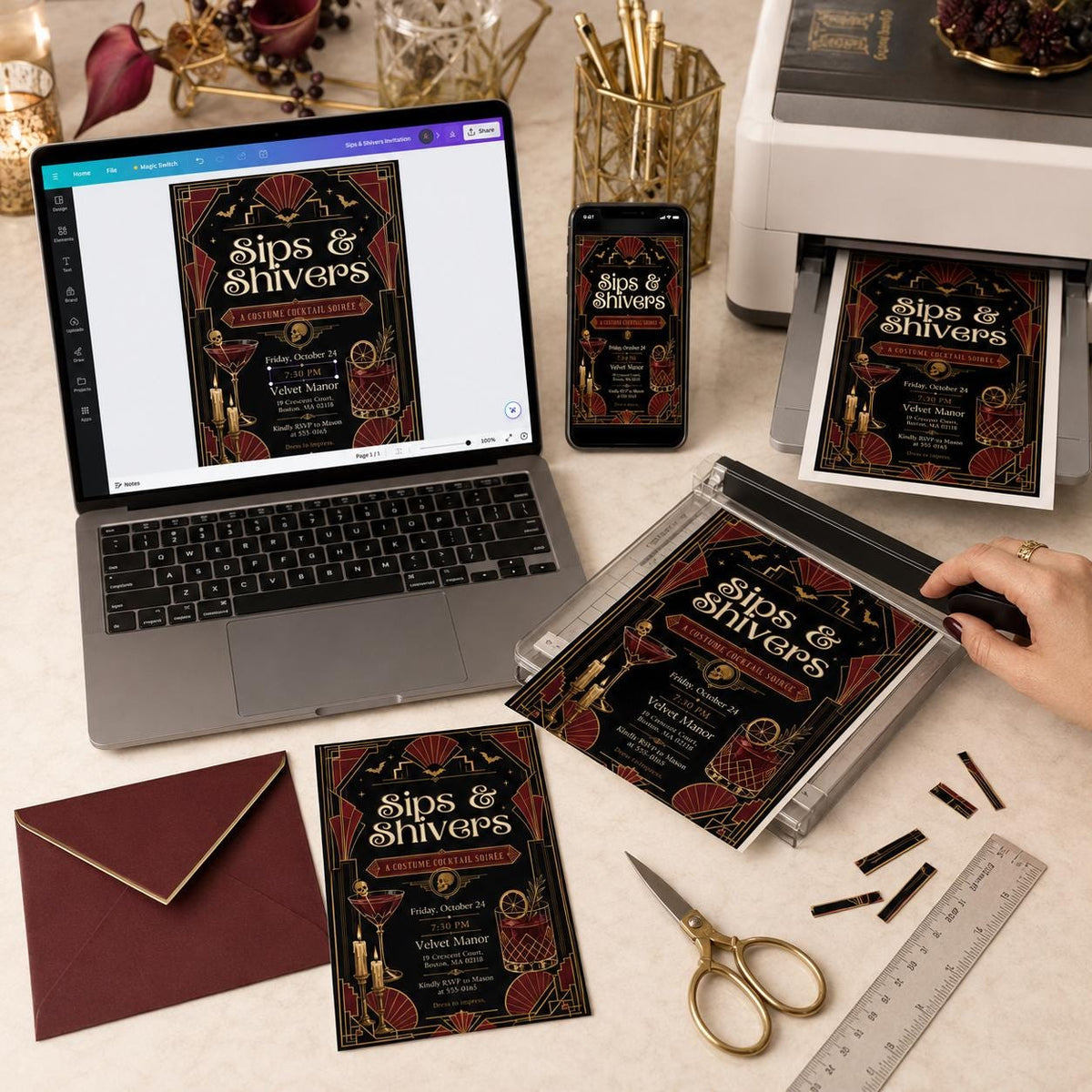 Art Deco Vintage Halloween Cocktail Party Invitation — print-ready Halloween party design from VoltBy