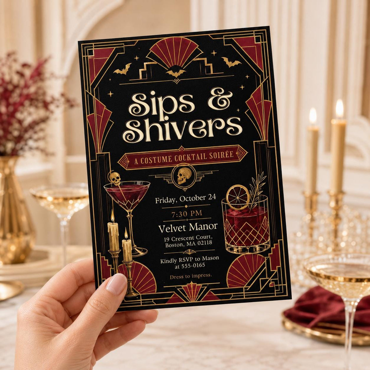 Art Deco Vintage Halloween Cocktail Party Invitation — digital invitation, instant download