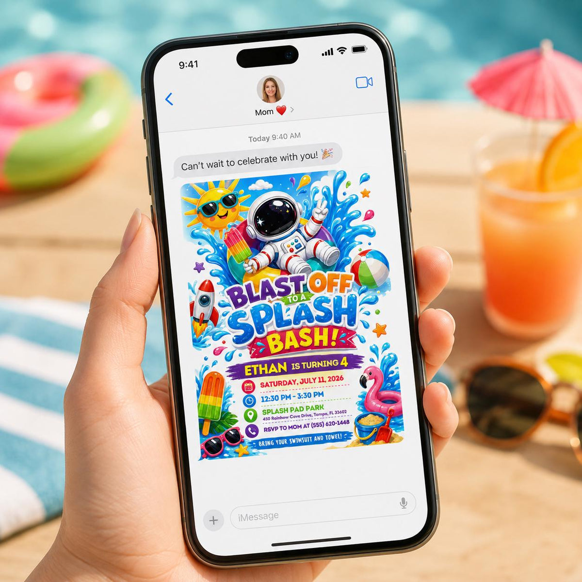 Astronaut Splash Party 4th Birthday Invitation — pool and space design