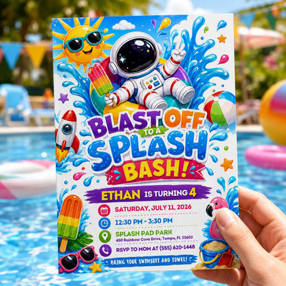 Astronaut Splash Party 4th Birthday Invitation — invitation you personalize in Canva
