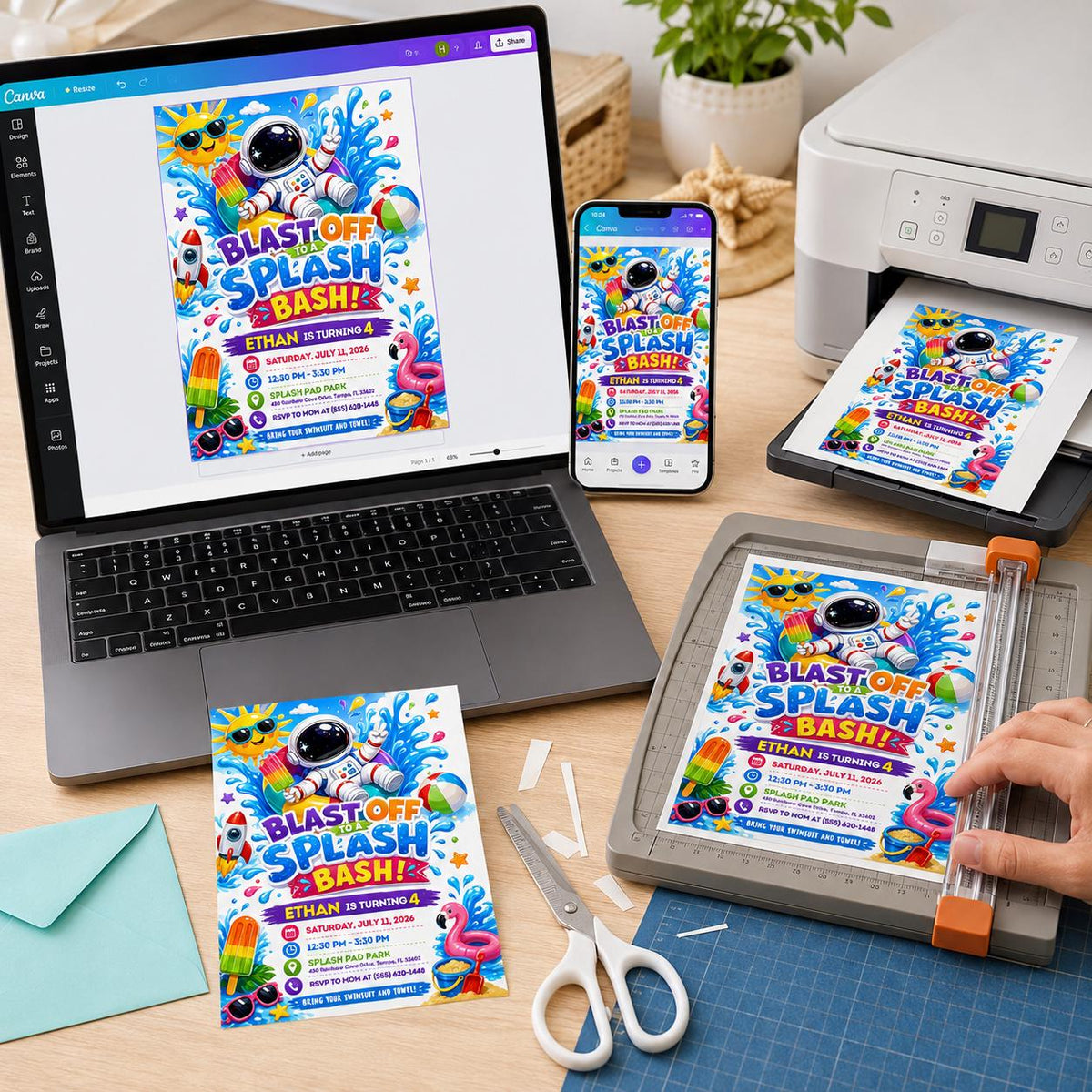 Astronaut Splash Party 4th Birthday Invitation — print-ready 4th birthday party design from VoltBy