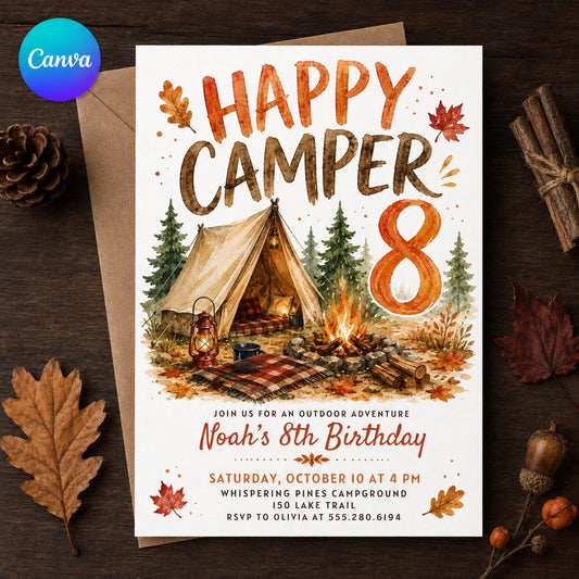 Autumn Happy Camper 8th Birthday Invitation — editable Canva template