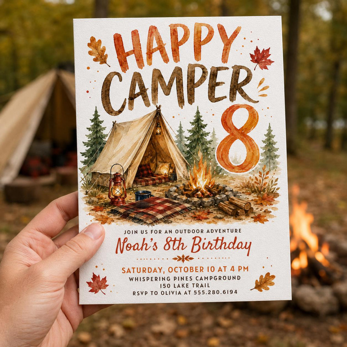 Autumn Happy Camper 8th Birthday Invitation — camping design