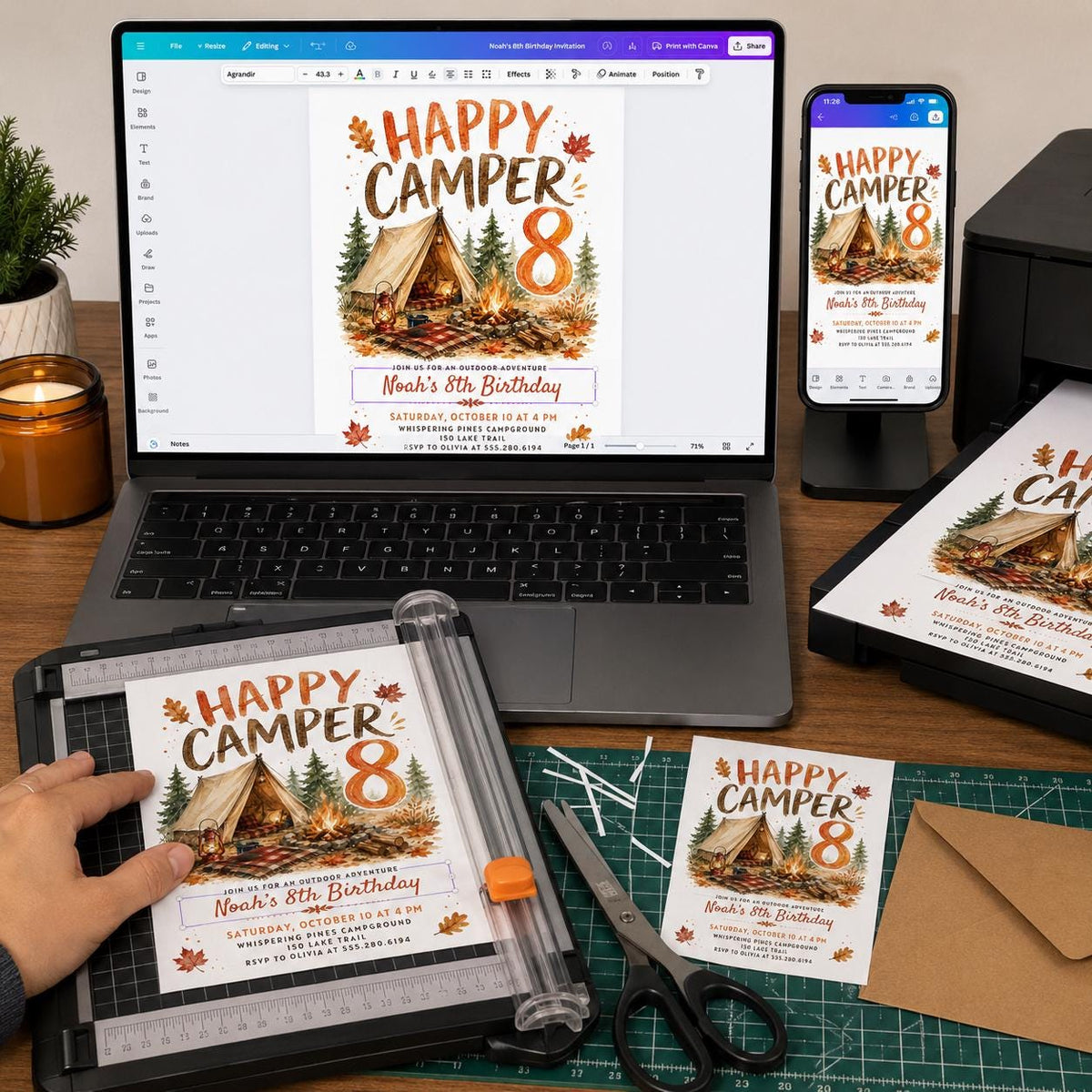 Autumn Happy Camper 8th Birthday Invitation — invitation you personalize in Canva