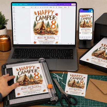 Autumn Happy Camper 8th Birthday Invitation — invitation you personalize in Canva