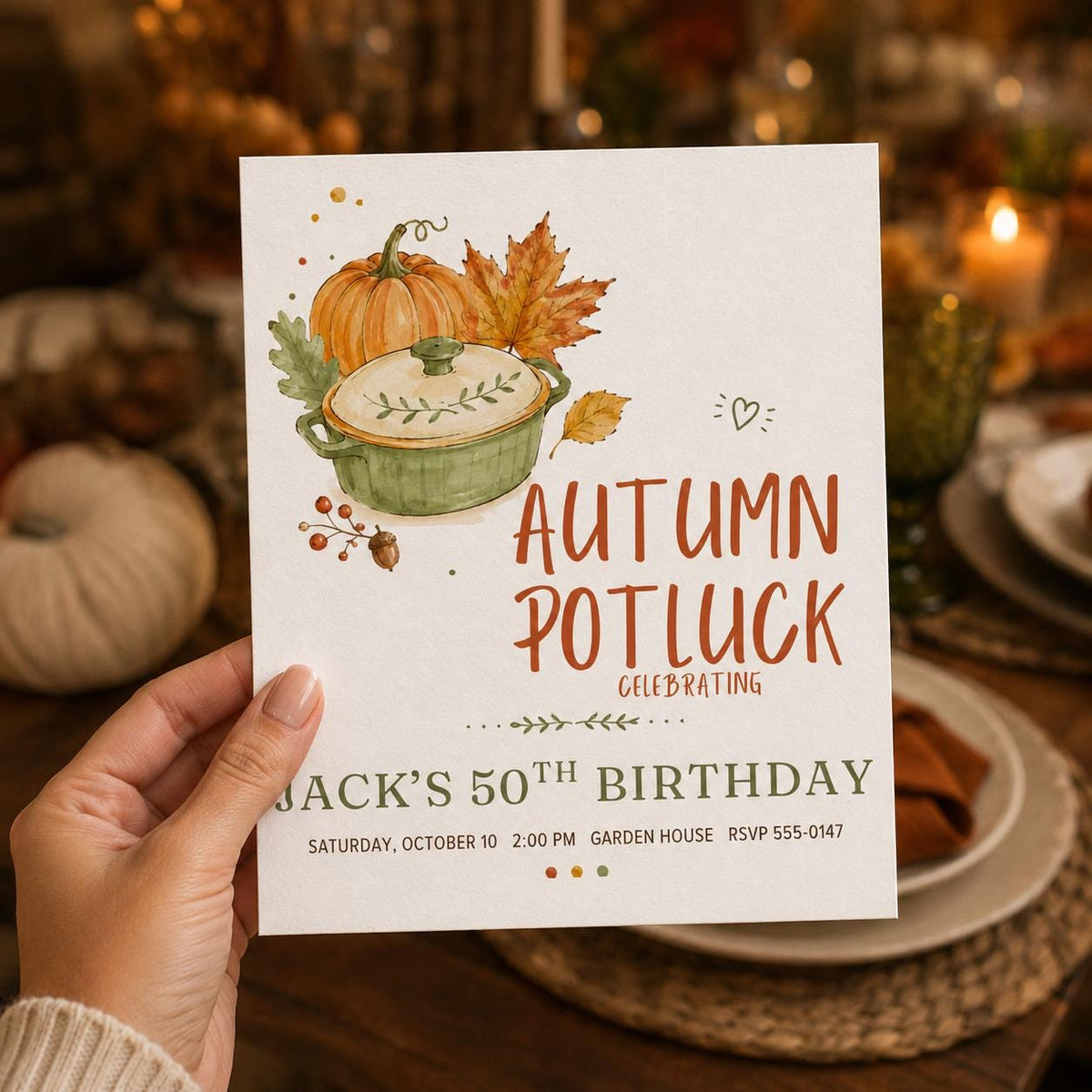 Autumn Potluck 50th Birthday Invitation — print-ready 50th birthday party design from VoltBy
