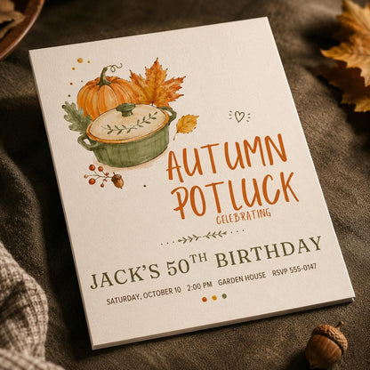 Autumn Potluck 50th Birthday Invitation — 50th birthday party stationery by VoltBy