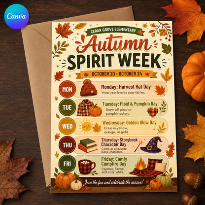 Autumn Spirit Week School Schedule Flyer — editable Canva template
