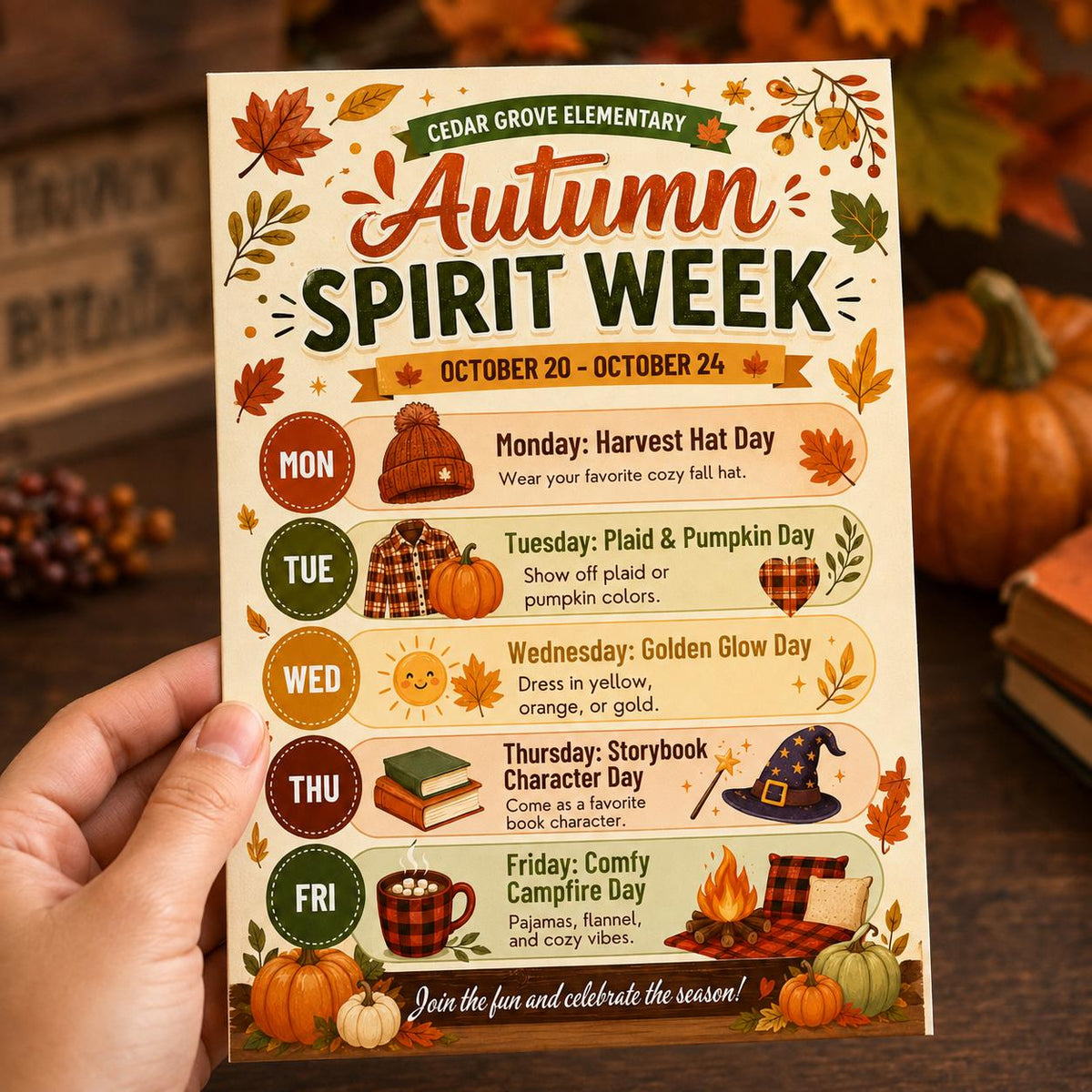 Autumn Spirit Week School Schedule Flyer — leaf design