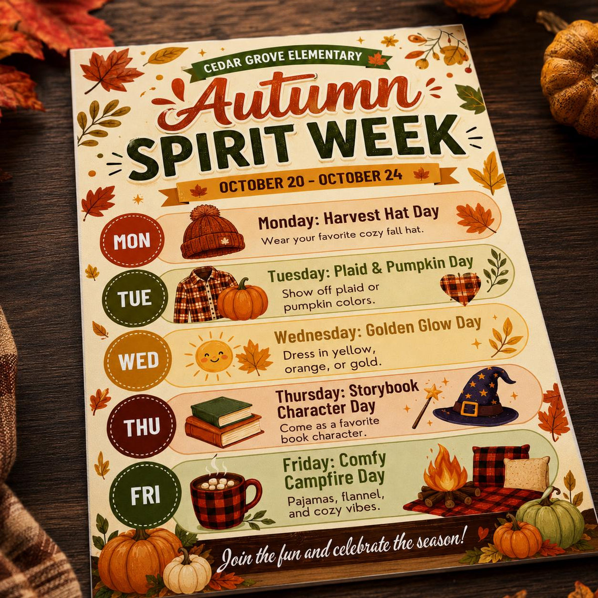Autumn Spirit Week School Schedule Flyer — leaf artwork in cream and green