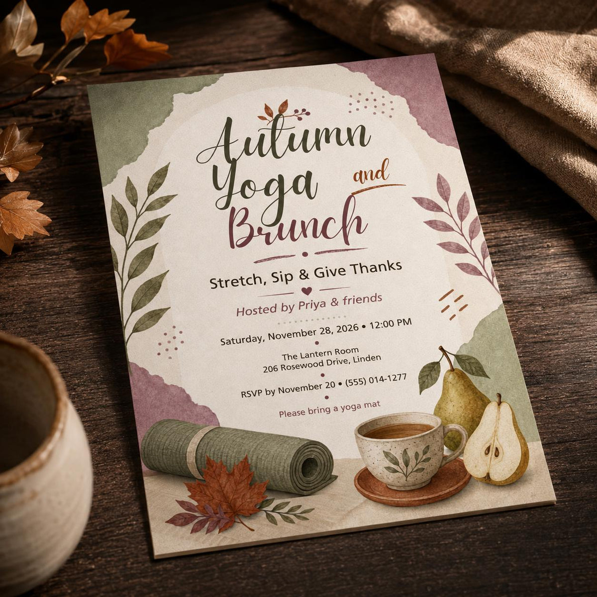 Autumn Yoga Brunch Invitation — print-ready Friendsgiving design from VoltBy