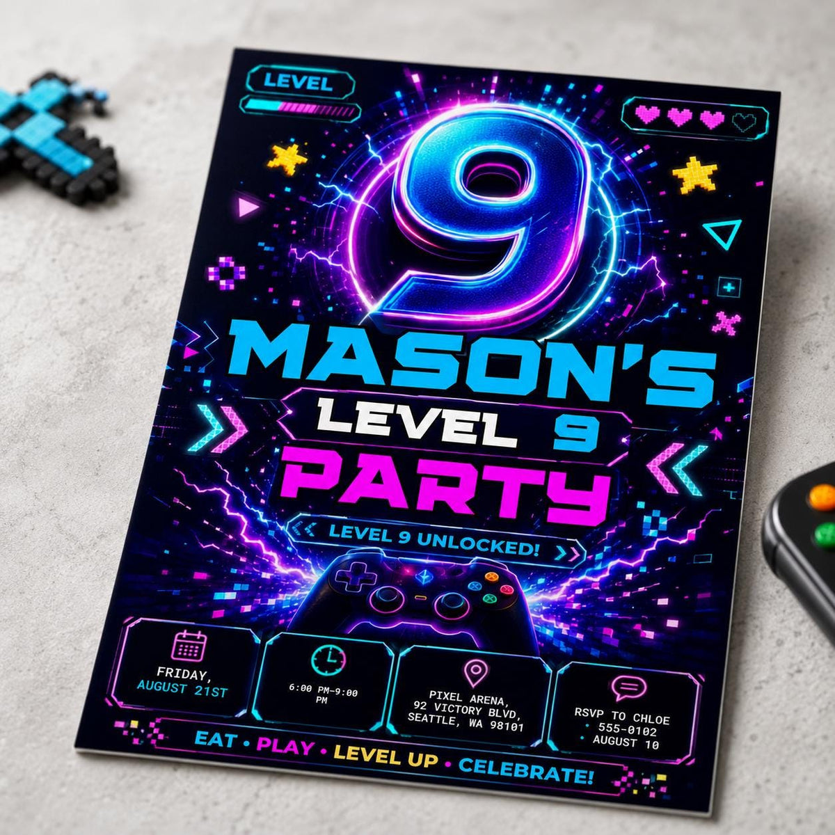 Video Game 9th Birthday Invitation – Level 9 Unlocked Neon Gamer Controller Party