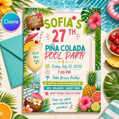Pina Colada Birthday Invitation, Tropical Pool Party Invite, Summer Rooftop Editable Canva Template, Printable Adult Party Decor Kits!