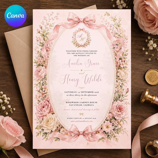 Pink Bow Wedding Invitation – Coquette Floral Garden Party – Romantic Watercolor