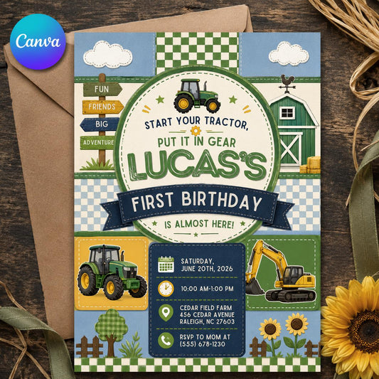 Tractor First Birthday Invitation – Start Your Tractor Farm Party Invite for Boys