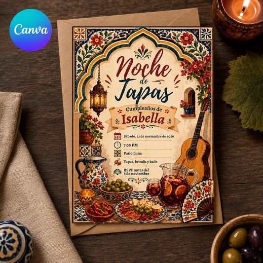 Fiesta Spanish Birthday Invitation: Noche de Tapas and Sangria Fiesta — editable Canva template