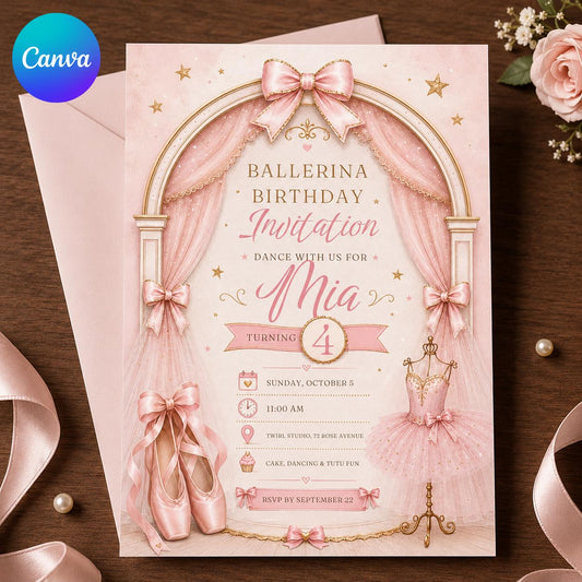 Ballerina Birthday Invitation – Pink Ballet Dance Party Invite for Girls – Tutu Bow 4th Birthday