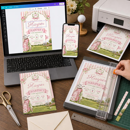 Girls Golf Birthday Invitation, Preppy Pink Tee Time 13th Birthday Party Invite, Editable Printable Canva Template