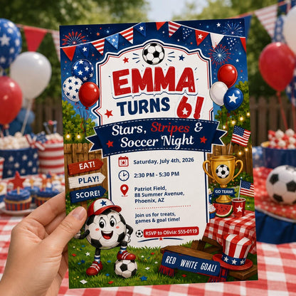 Stars Stripes Soccer Night Birthday Invitation, Editable 4th Of July Party Invite, Girl 6th Bday Patriotic Template, Printable Digital