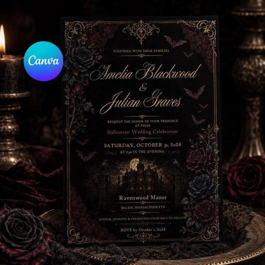 Burgundy and Black Gothic Wedding Invitation — editable Canva template