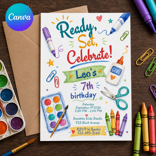 Art Birthday Party Invitation – 7th Birthday School Supplies and Craft Theme – Kids Invite