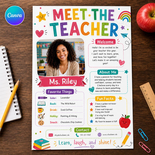 Colorful Meet the Teacher Photo Introduction Template — editable Canva template