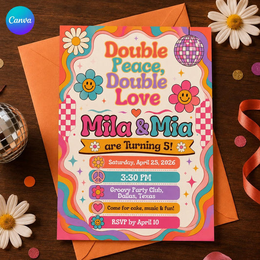 Groovy Double Birthday Invitation – Retro Twins 5th Birthday Party – Double Peace Double Love