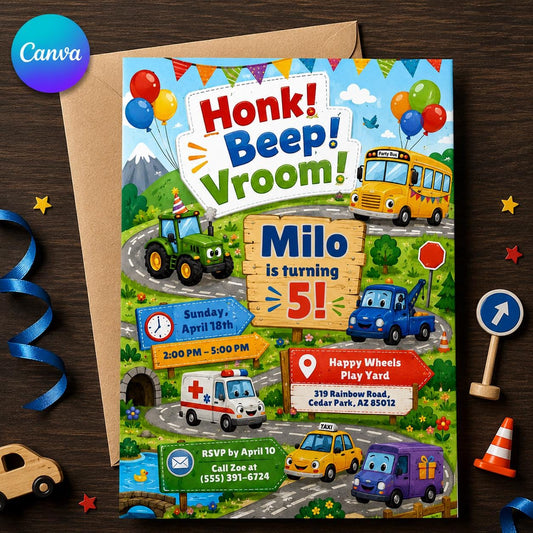 Transportation 5th Birthday Invitation – Honk Beep Vroom Vehicle Party Invite for Boys