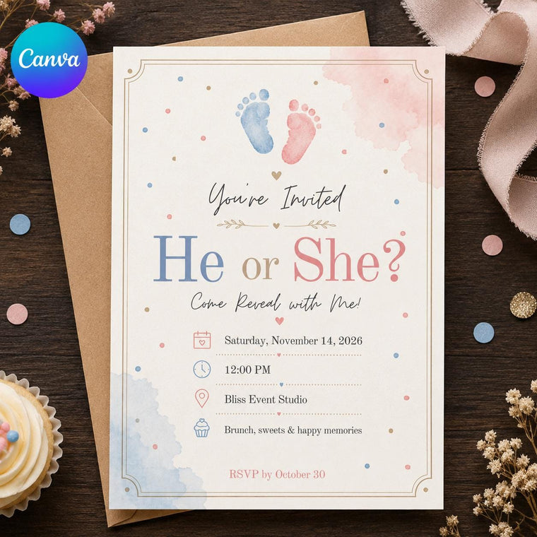 Baby Footprints Pink and Blue Gender Reveal Invitation